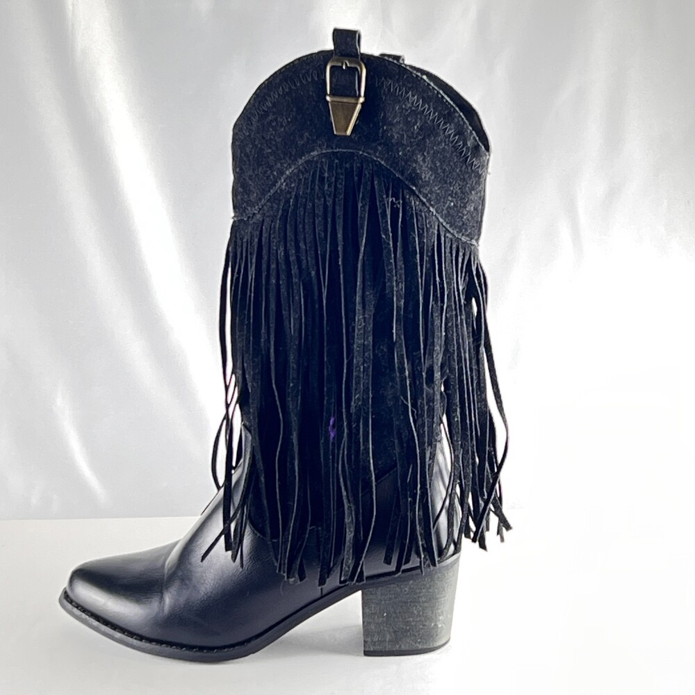 Lady Godiva S/French-2 Western Boots Womens 6.5 Black Fringe Faux Suede Cowgirl